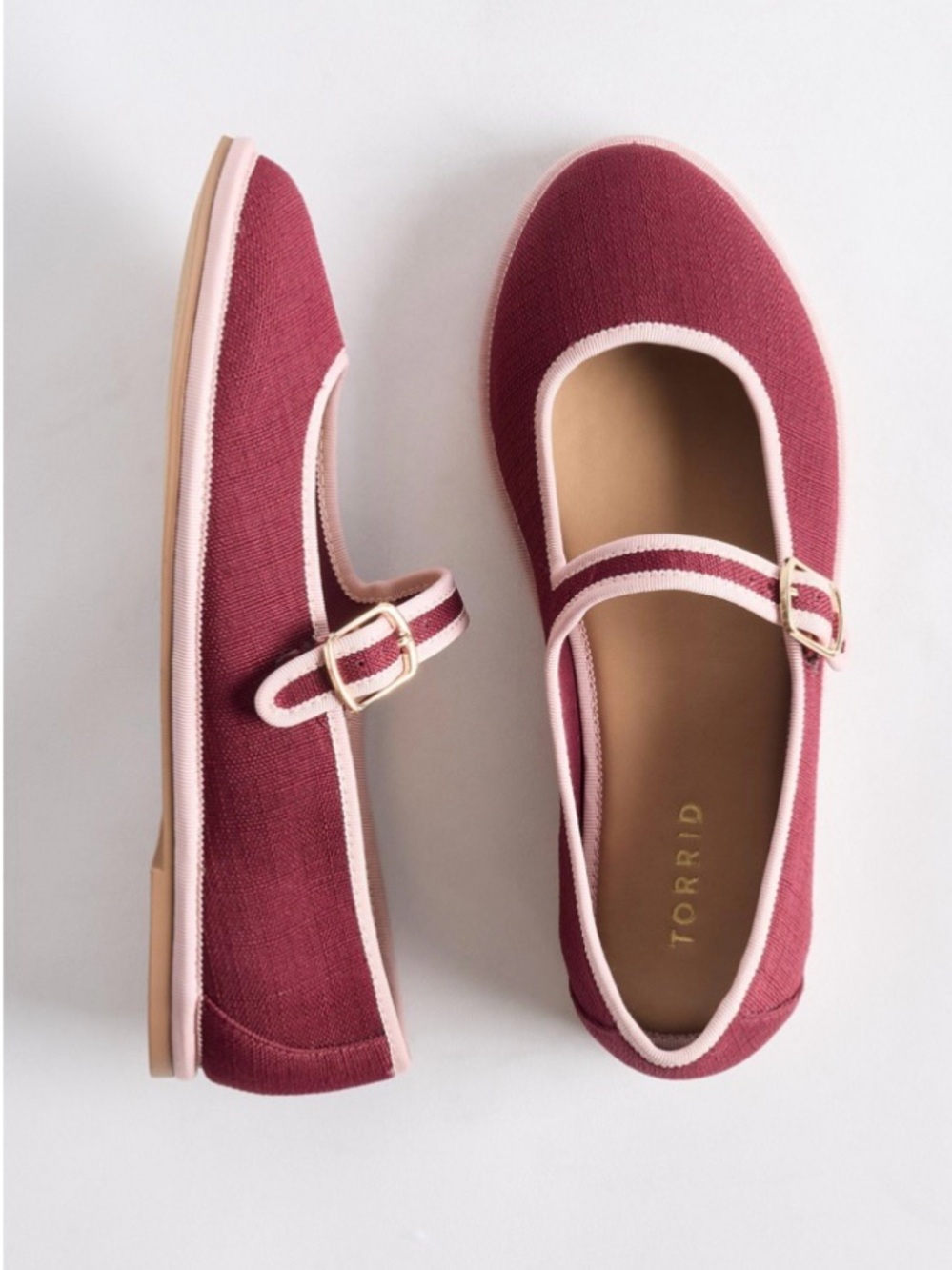 torrid Burgundy Mary Jane Flats with Pink Trim and Gold Buckle